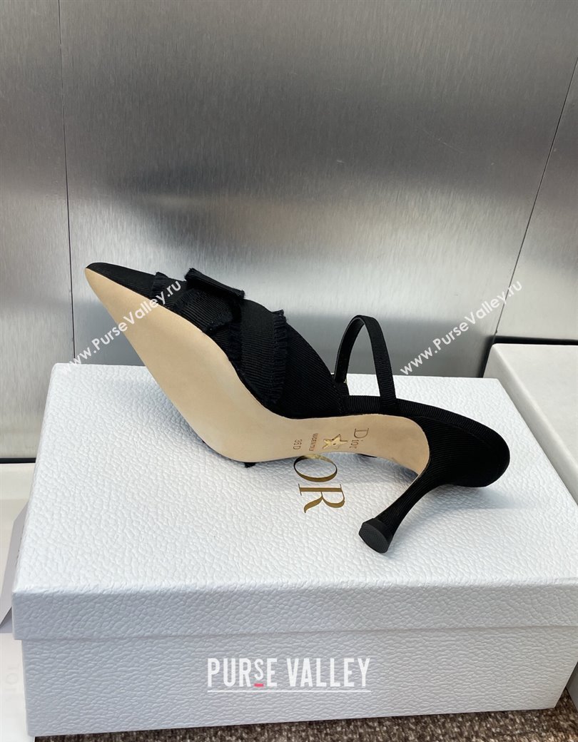 Dior Adiorable Heeled Strap Mules 7cm in Fringed Grosgrain with Pearls Bow Black 2025 (JC-250822034)