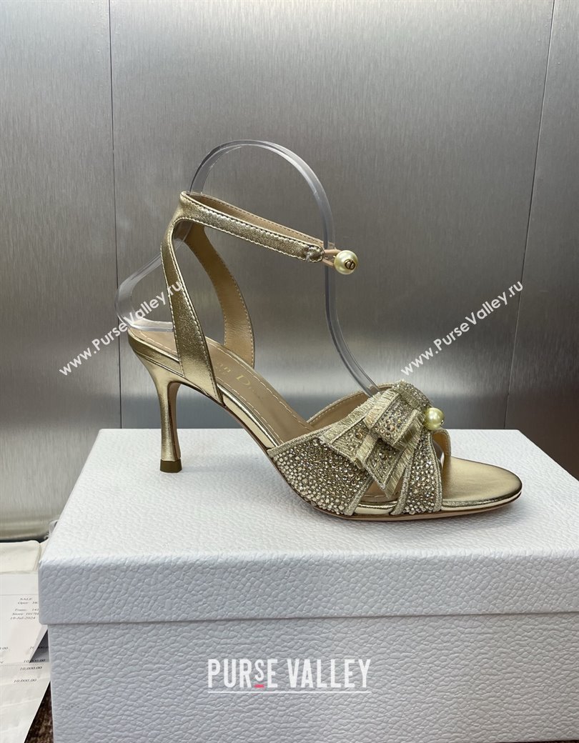 Dior Or Adiorable Heeled Sandals 7cm in Embroidered Cotton and Lambskin with Strass, Pearls and Bow Gold 2025 (JC-250822028)
