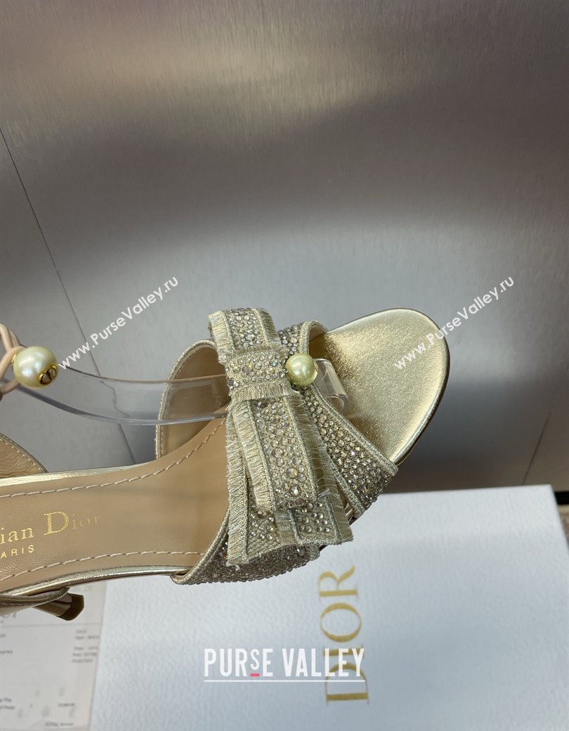 Dior Or Adiorable Heeled Sandals 7cm in Embroidered Cotton and Lambskin with Strass, Pearls and Bow Gold 2025 (JC-250822028)