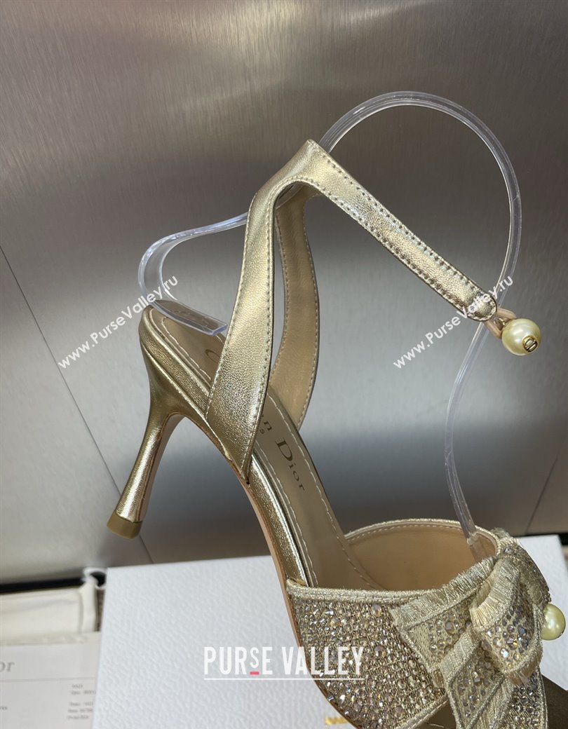Dior Or Adiorable Heeled Sandals 7cm in Embroidered Cotton and Lambskin with Strass, Pearls and Bow Gold 2025 (JC-250822028)