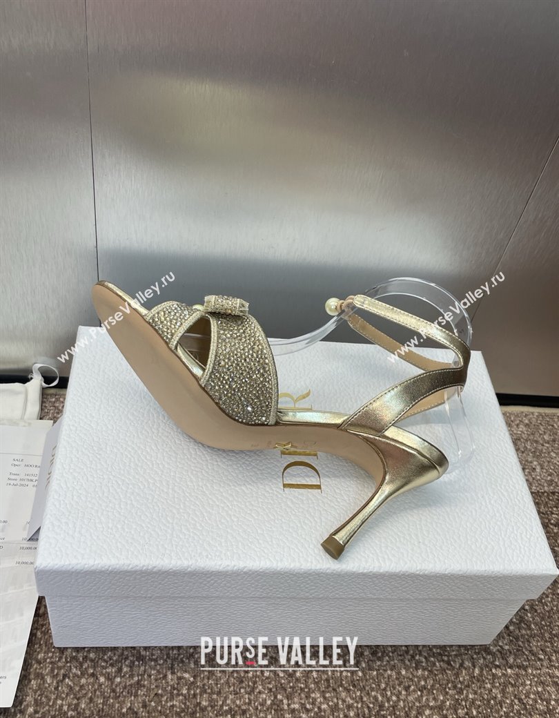 Dior Or Adiorable Heeled Sandals 7cm in Embroidered Cotton and Lambskin with Strass, Pearls and Bow Gold 2025 (JC-250822028)