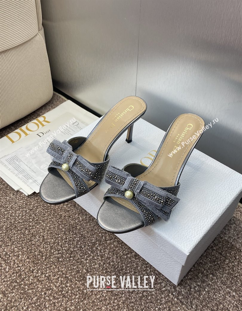 Dior Or Adiorable Heeled Slides Sandal 7cm in Embroidered Cotton and Lambskin with Strass, Pearls and Bow Grey 2025 (JC-25082202