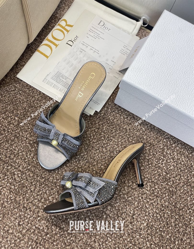 Dior Or Adiorable Heeled Slides Sandal 7cm in Embroidered Cotton and Lambskin with Strass, Pearls and Bow Grey 2025 (JC-25082202
