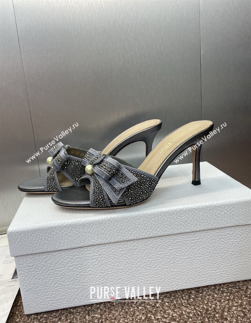 Dior Or Adiorable Heeled Slides Sandal 7cm in Embroidered Cotton and Lambskin with Strass, Pearls and Bow Grey 2025 (JC-25082202