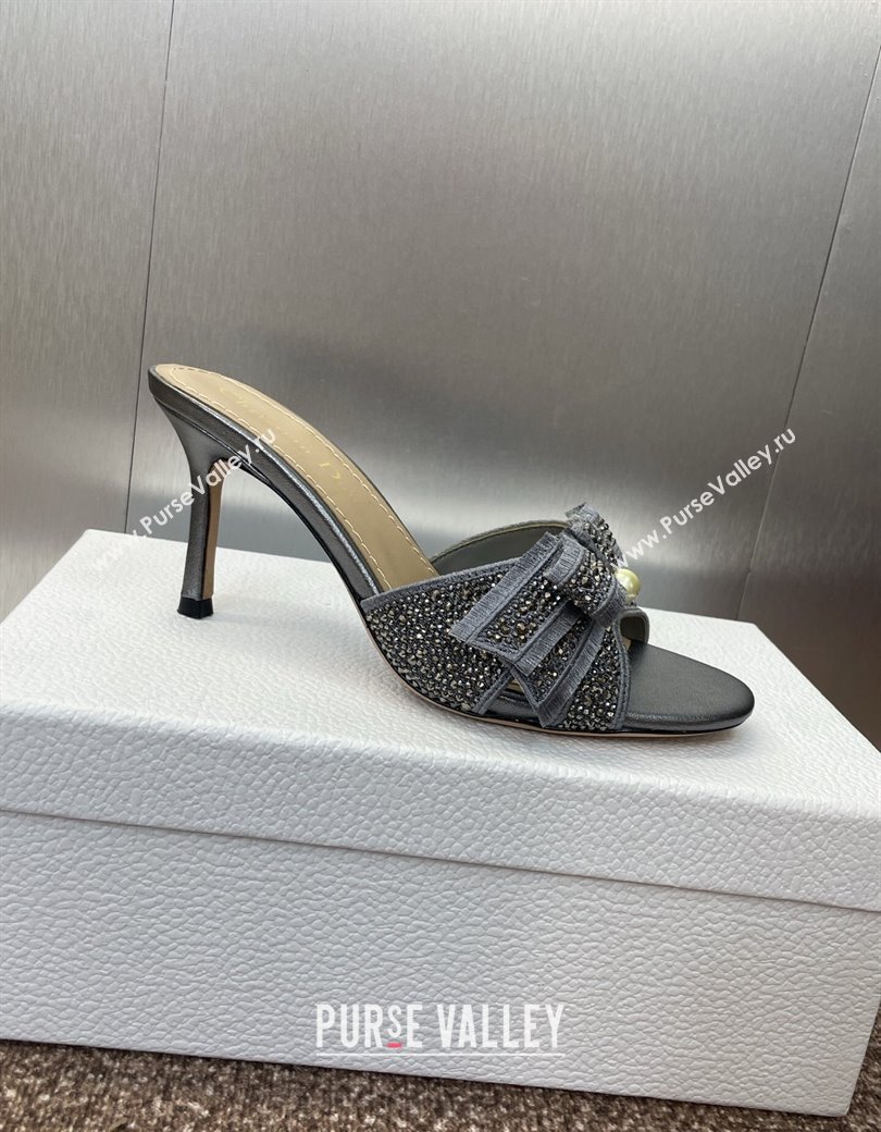 Dior Or Adiorable Heeled Slides Sandal 7cm in Embroidered Cotton and Lambskin with Strass, Pearls and Bow Grey 2025 (JC-25082202