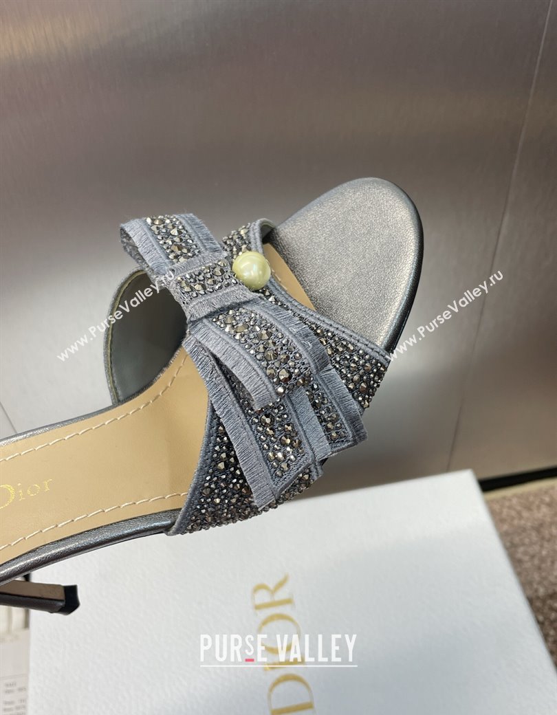 Dior Or Adiorable Heeled Slides Sandal 7cm in Embroidered Cotton and Lambskin with Strass, Pearls and Bow Grey 2025 (JC-25082202