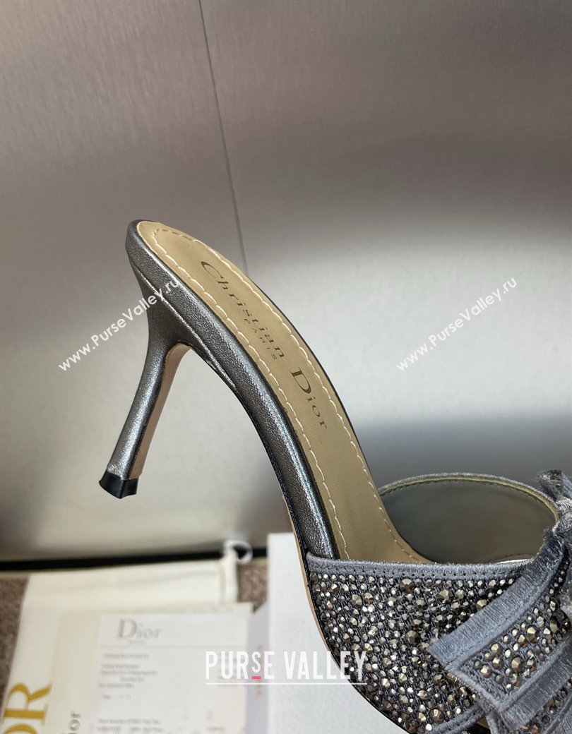 Dior Or Adiorable Heeled Slides Sandal 7cm in Embroidered Cotton and Lambskin with Strass, Pearls and Bow Grey 2025 (JC-25082202