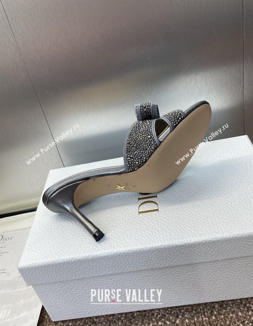Dior Or Adiorable Heeled Slides Sandal 7cm in Embroidered Cotton and Lambskin with Strass, Pearls and Bow Grey 2025 (JC-25082202