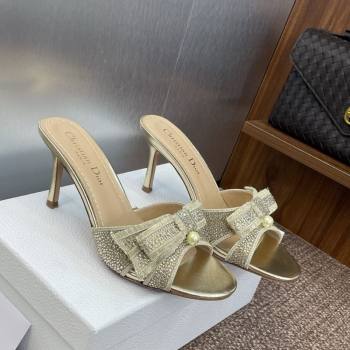 Dior Or Adiorable Heeled Slides Sandal 7cm in Embroidered Cotton and Lambskin with Strass, Pearls and Bow Gold 2025 (JC-25082203