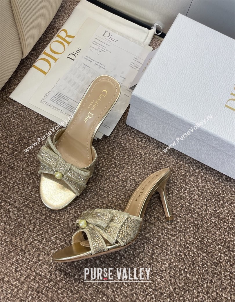 Dior Or Adiorable Heeled Slides Sandal 7cm in Embroidered Cotton and Lambskin with Strass, Pearls and Bow Gold 2025 (JC-25082203