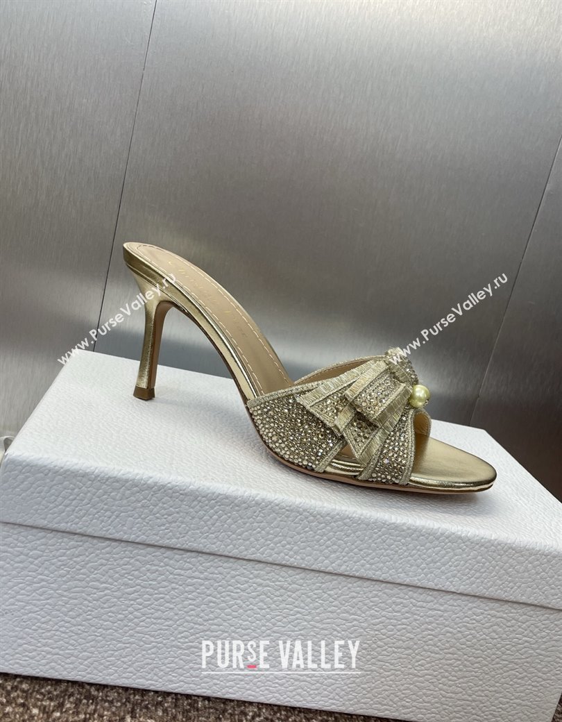 Dior Or Adiorable Heeled Slides Sandal 7cm in Embroidered Cotton and Lambskin with Strass, Pearls and Bow Gold 2025 (JC-25082203
