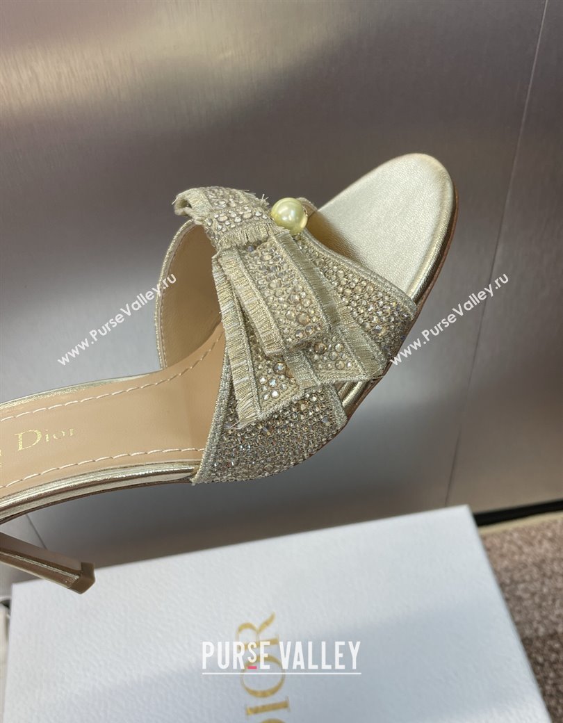 Dior Or Adiorable Heeled Slides Sandal 7cm in Embroidered Cotton and Lambskin with Strass, Pearls and Bow Gold 2025 (JC-25082203