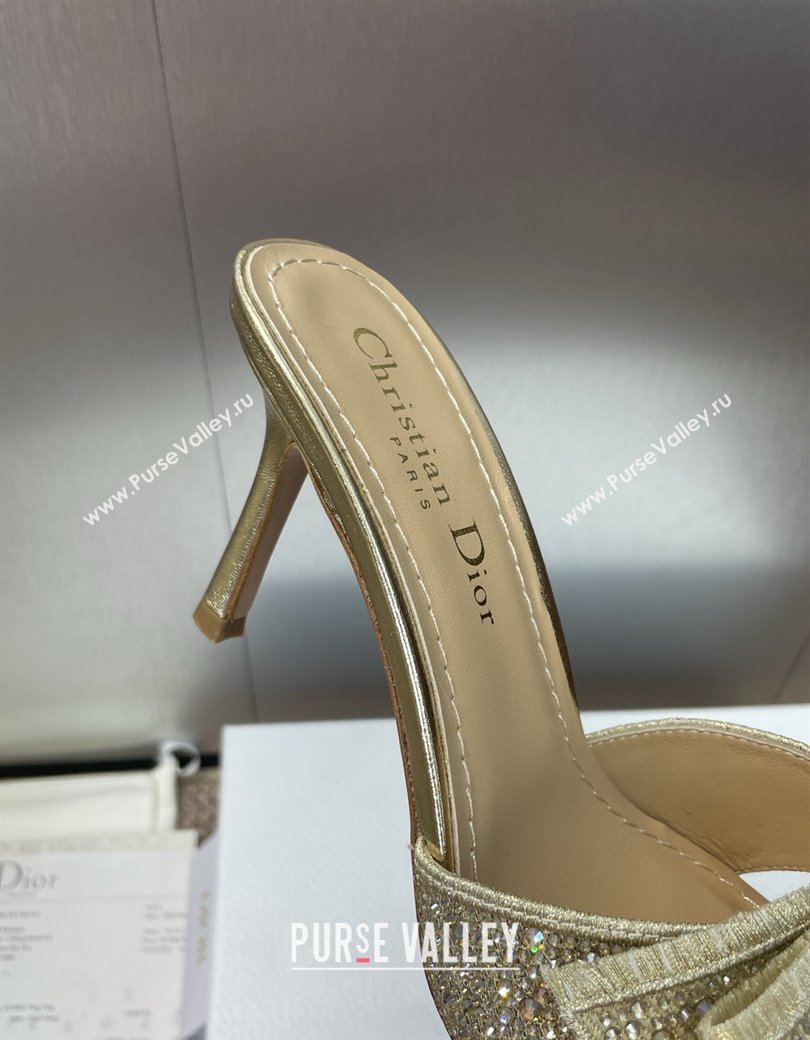 Dior Or Adiorable Heeled Slides Sandal 7cm in Embroidered Cotton and Lambskin with Strass, Pearls and Bow Gold 2025 (JC-25082203