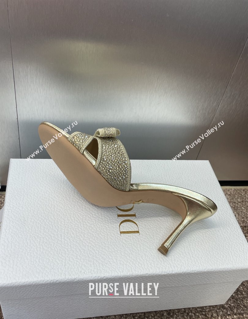 Dior Or Adiorable Heeled Slides Sandal 7cm in Embroidered Cotton and Lambskin with Strass, Pearls and Bow Gold 2025 (JC-25082203