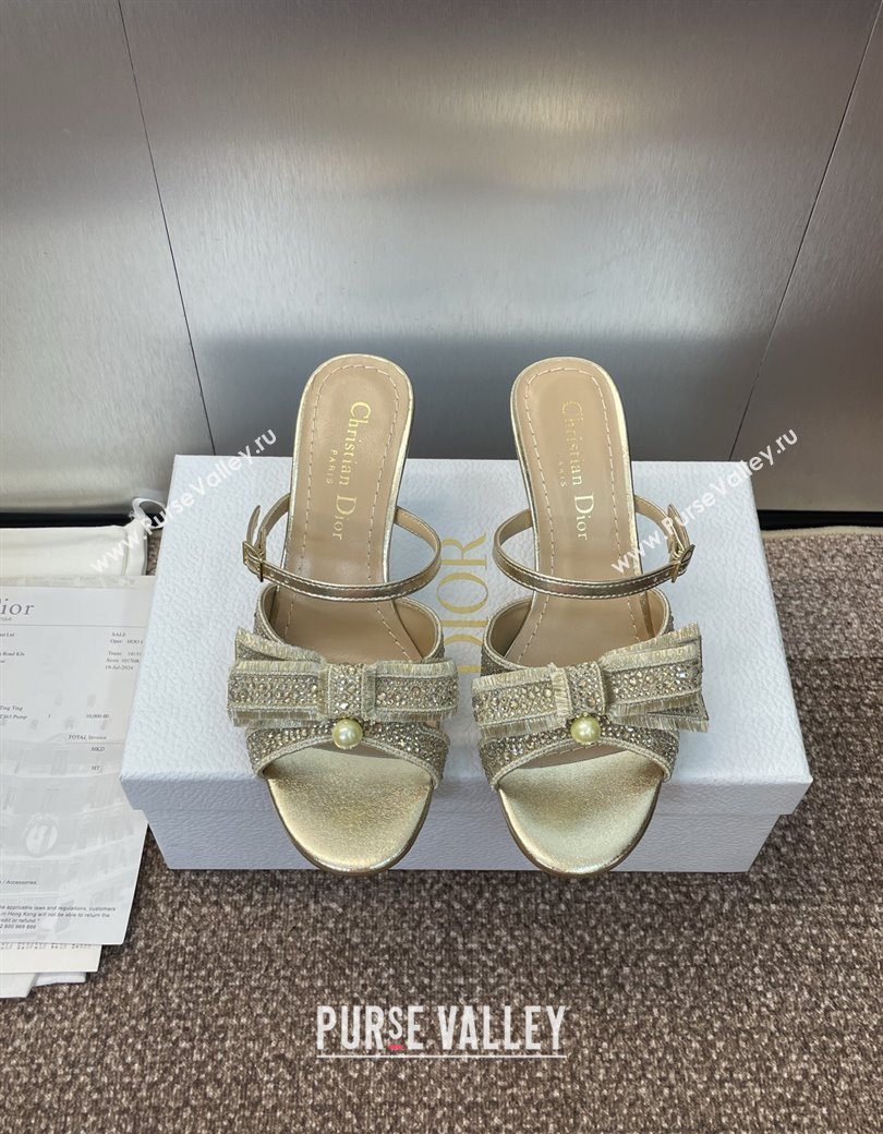 Dior Adiorable Heeled Strap Slides Sandal 7cm in Embroidered Cotton and Lambskin with Strass, Pearls and Bow Gold 2025 (JC-25082