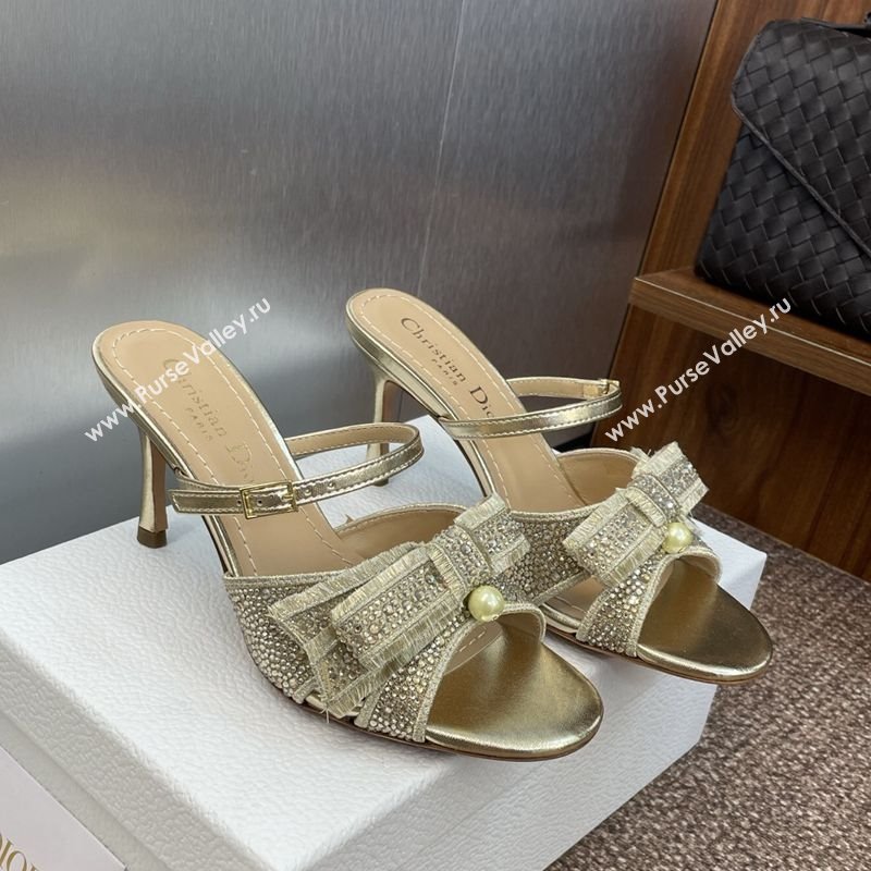Dior Adiorable Heeled Strap Slides Sandal 7cm in Embroidered Cotton and Lambskin with Strass, Pearls and Bow Gold 2025 (JC-25082
