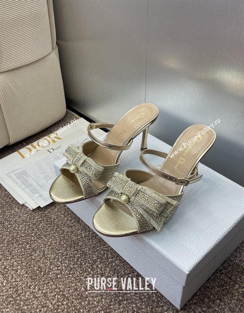Dior Adiorable Heeled Strap Slides Sandal 7cm in Embroidered Cotton and Lambskin with Strass, Pearls and Bow Gold 2025 (JC-25082