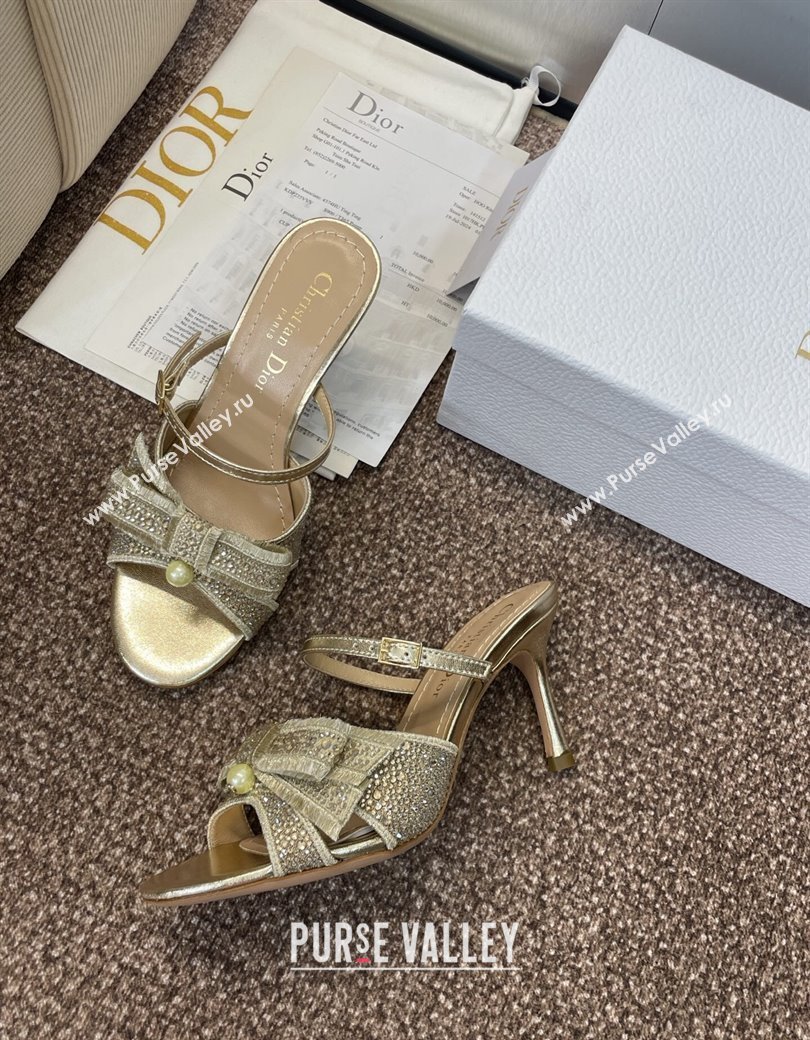 Dior Adiorable Heeled Strap Slides Sandal 7cm in Embroidered Cotton and Lambskin with Strass, Pearls and Bow Gold 2025 (JC-25082