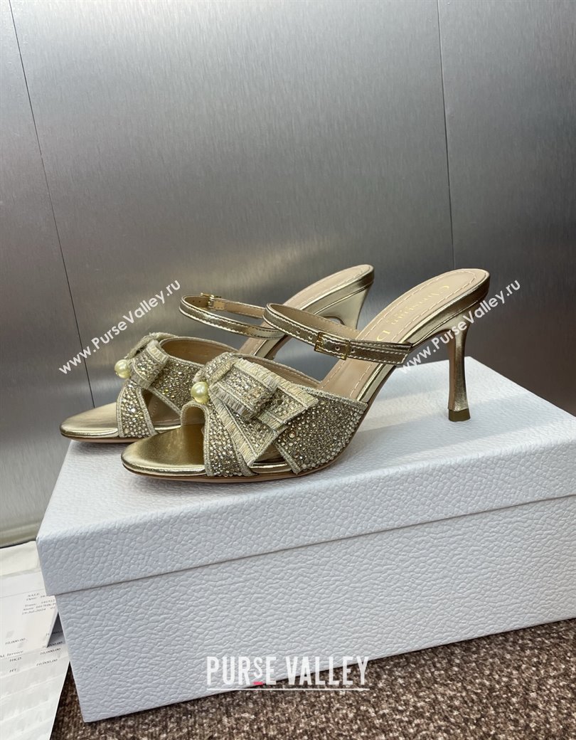 Dior Adiorable Heeled Strap Slides Sandal 7cm in Embroidered Cotton and Lambskin with Strass, Pearls and Bow Gold 2025 (JC-25082