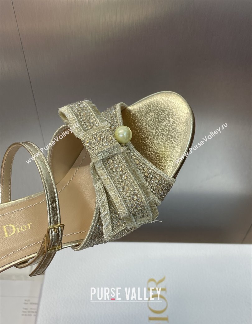 Dior Adiorable Heeled Strap Slides Sandal 7cm in Embroidered Cotton and Lambskin with Strass, Pearls and Bow Gold 2025 (JC-25082