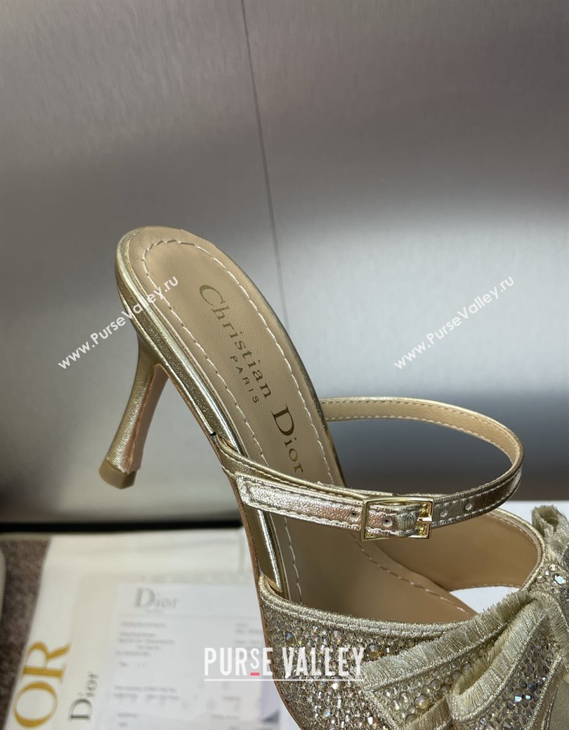 Dior Adiorable Heeled Strap Slides Sandal 7cm in Embroidered Cotton and Lambskin with Strass, Pearls and Bow Gold 2025 (JC-25082