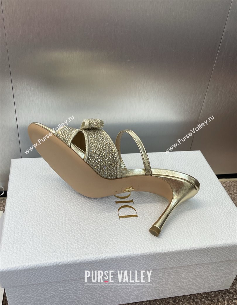 Dior Adiorable Heeled Strap Slides Sandal 7cm in Embroidered Cotton and Lambskin with Strass, Pearls and Bow Gold 2025 (JC-25082