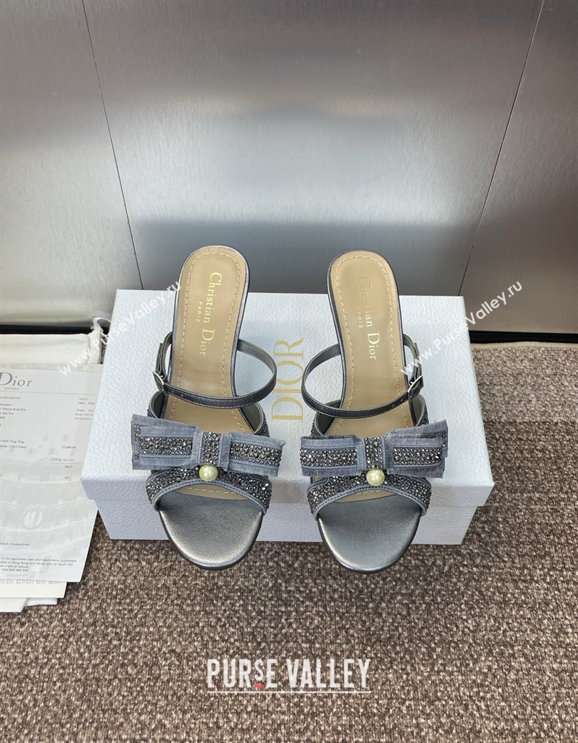 Dior Adiorable Heeled Strap Slides Sandal 7cm in Embroidered Cotton and Lambskin with Strass, Pearls and Bow Grey 2025 (JC-25082