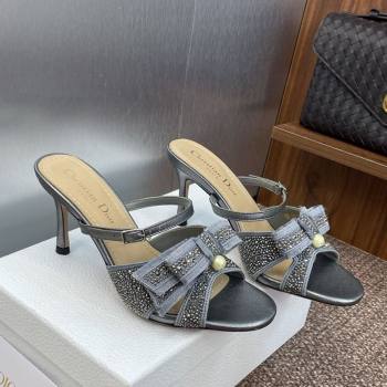 Dior Adiorable Heeled Strap Slides Sandal 7cm in Embroidered Cotton and Lambskin with Strass, Pearls and Bow Grey 2025 (JC-25082