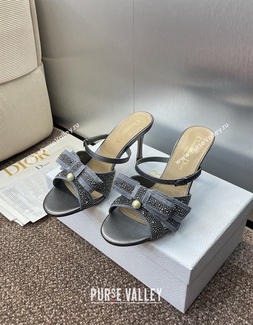 Dior Adiorable Heeled Strap Slides Sandal 7cm in Embroidered Cotton and Lambskin with Strass, Pearls and Bow Grey 2025 (JC-25082