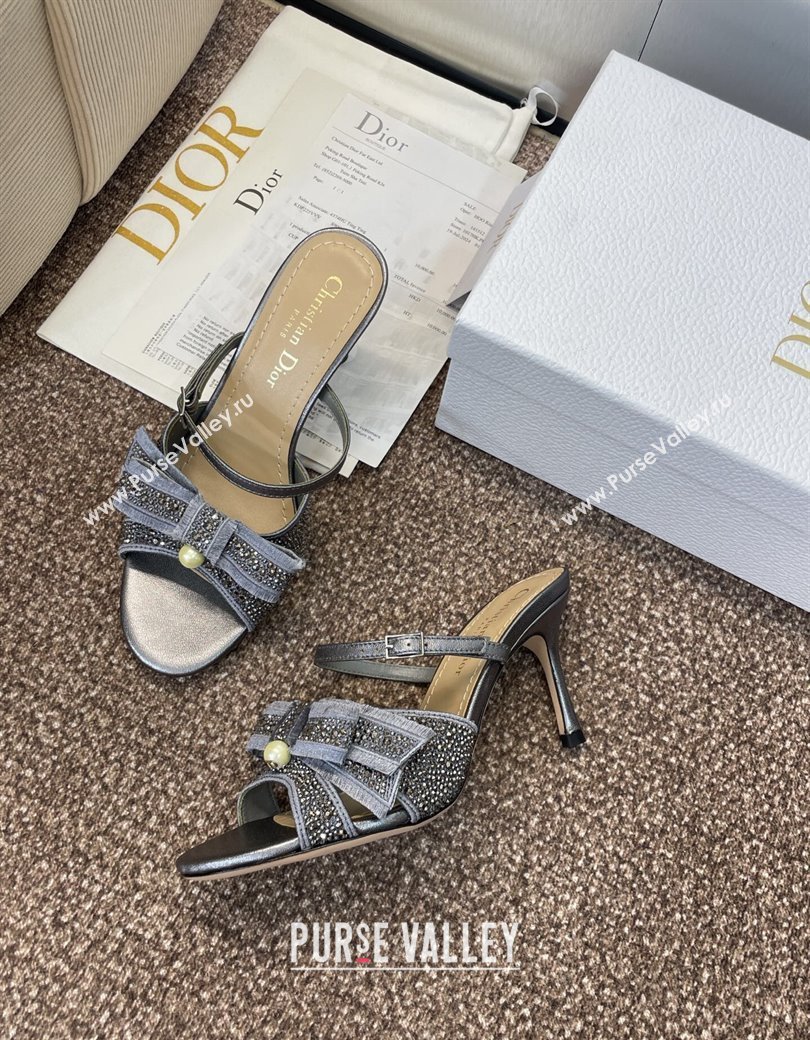 Dior Adiorable Heeled Strap Slides Sandal 7cm in Embroidered Cotton and Lambskin with Strass, Pearls and Bow Grey 2025 (JC-25082