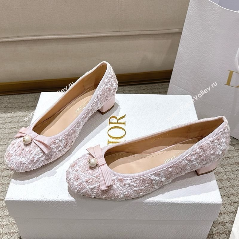 Dior Ballet Pumps 3cm in Quilted Cannage Tweed with Pearl Bow Pink 2025 (MD-250822009)
