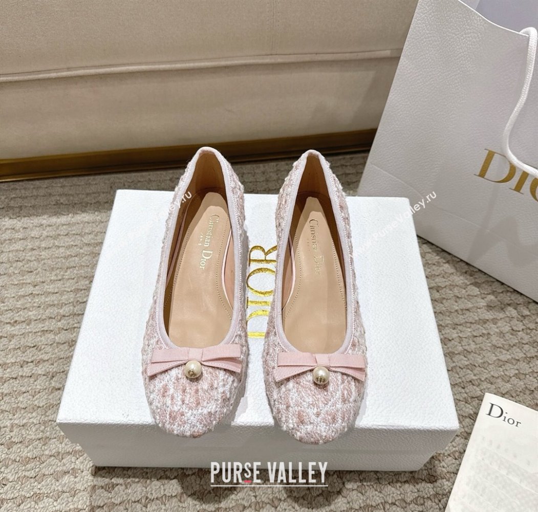 Dior Ballet Pumps 3cm in Quilted Cannage Tweed with Pearl Bow Pink 2025 (MD-250822009)