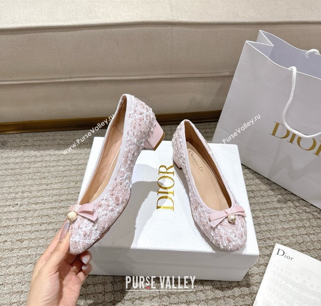 Dior Ballet Pumps 3cm in Quilted Cannage Tweed with Pearl Bow Pink 2025 (MD-250822009)