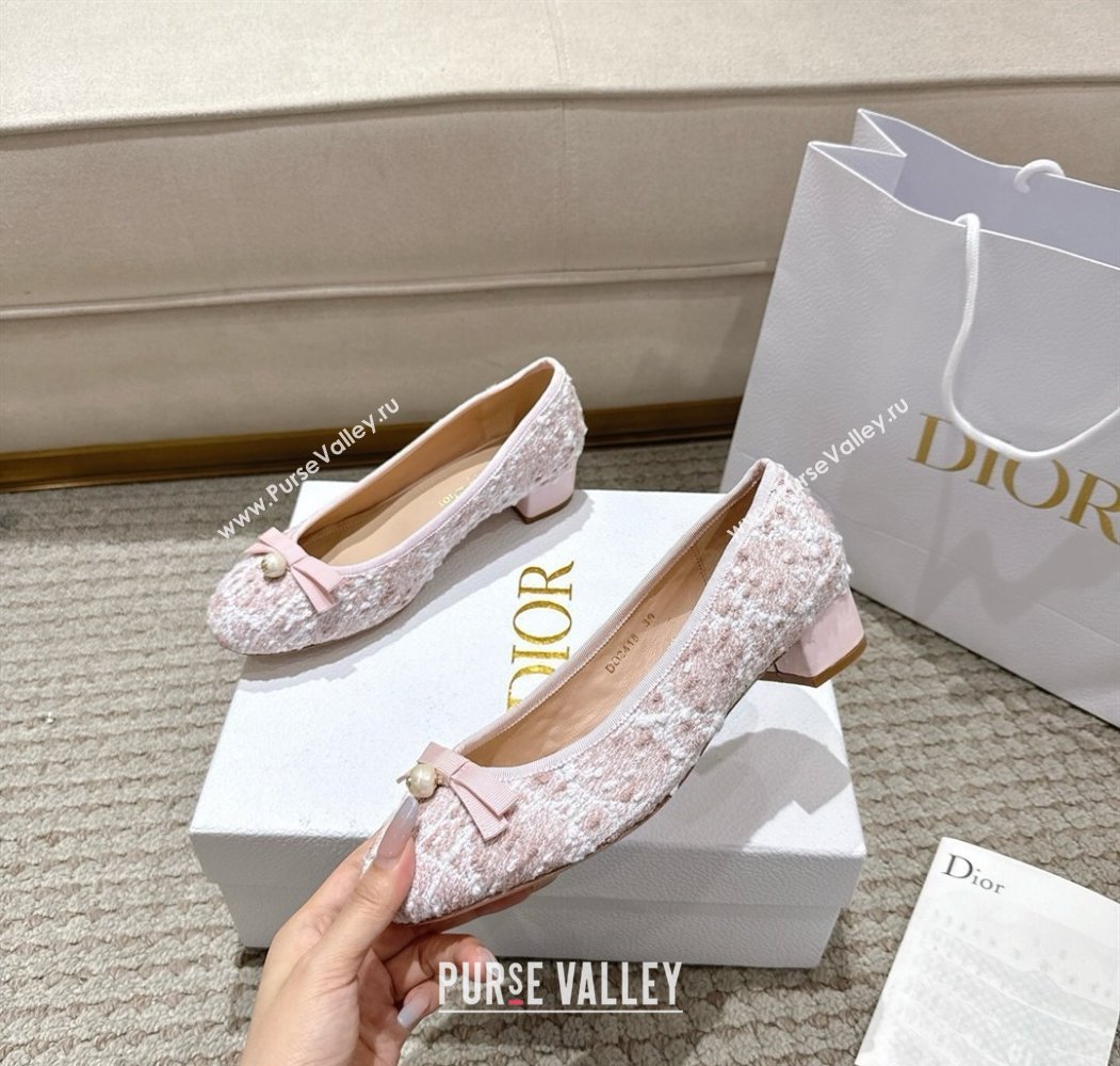 Dior Ballet Pumps 3cm in Quilted Cannage Tweed with Pearl Bow Pink 2025 (MD-250822009)