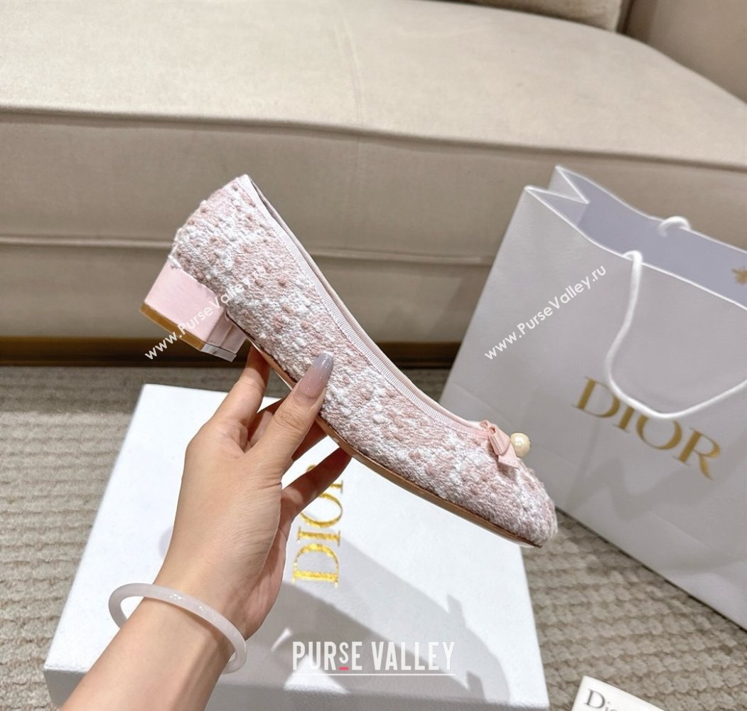 Dior Ballet Pumps 3cm in Quilted Cannage Tweed with Pearl Bow Pink 2025 (MD-250822009)