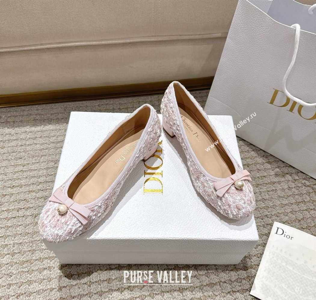 Dior Ballet Pumps 3cm in Quilted Cannage Tweed with Pearl Bow Pink 2025 (MD-250822009)