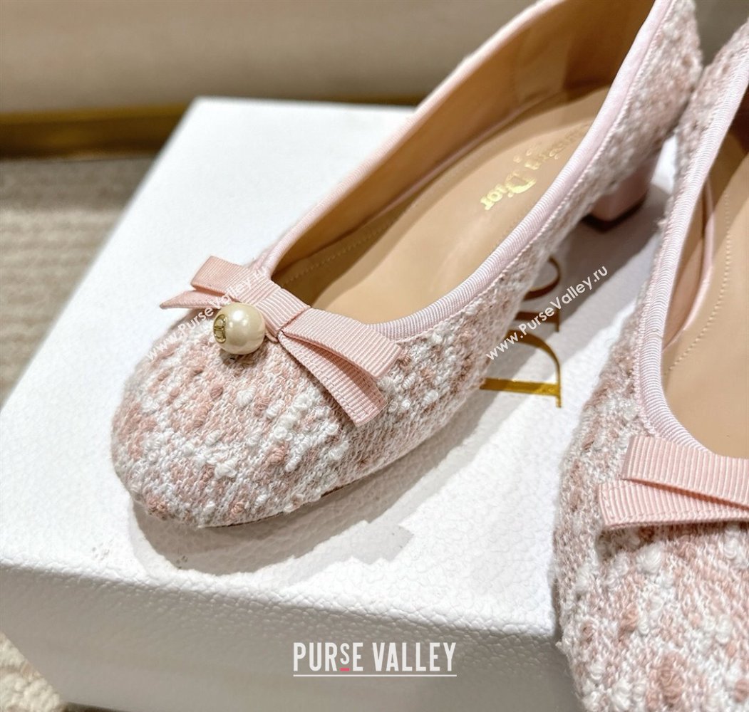 Dior Ballet Pumps 3cm in Quilted Cannage Tweed with Pearl Bow Pink 2025 (MD-250822009)