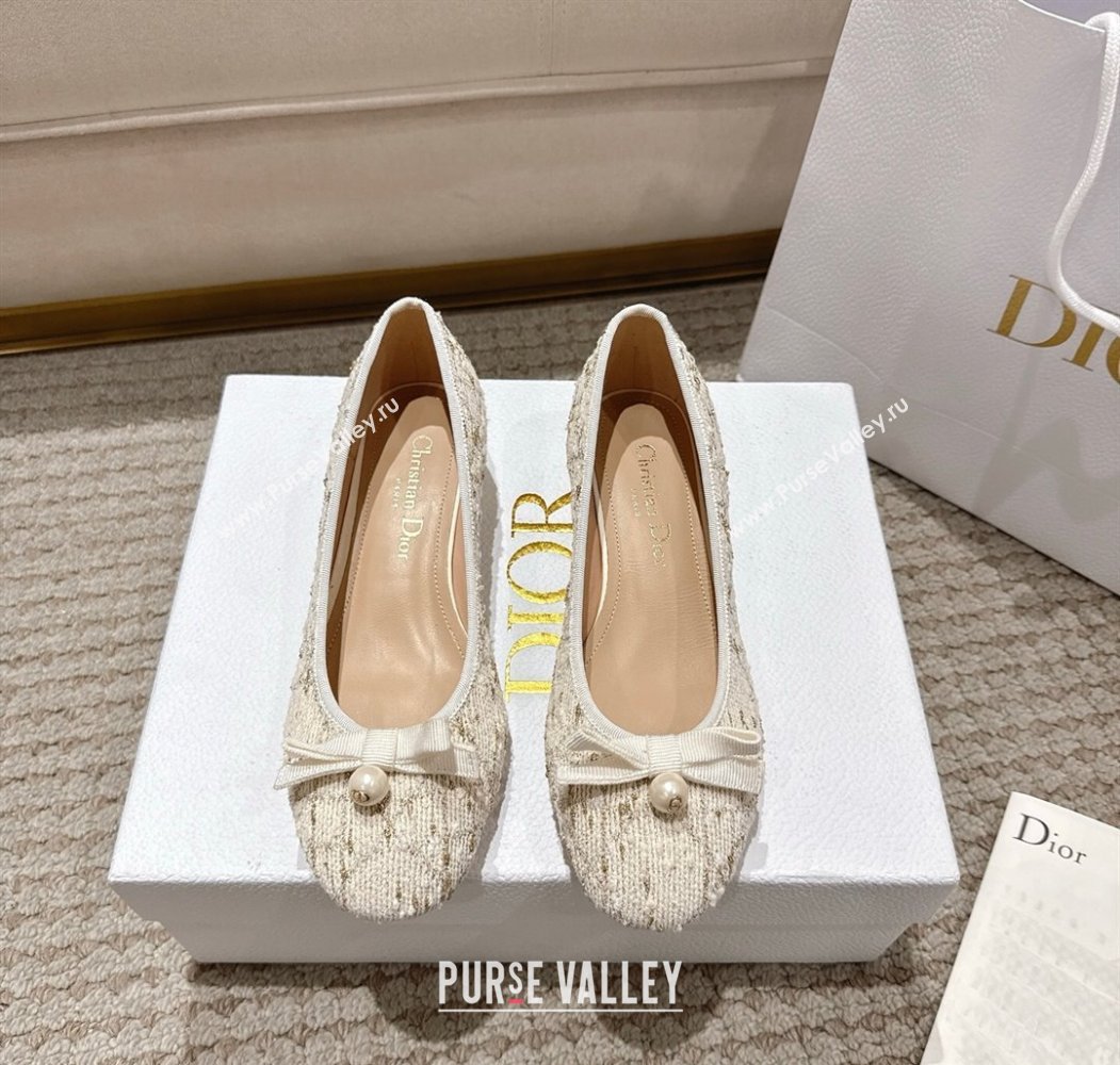 Dior Ballet Pumps 3cm in Quilted Cannage Tweed with Pearl Bow Beige 2025 (MD-250822010)