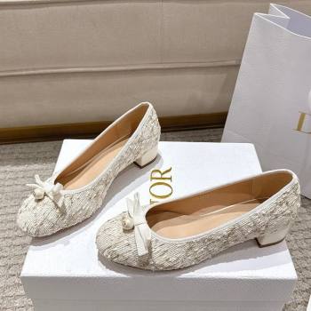 Dior Ballet Pumps 3cm in Quilted Cannage Tweed with Pearl Bow Beige 2025 (MD-250822010)