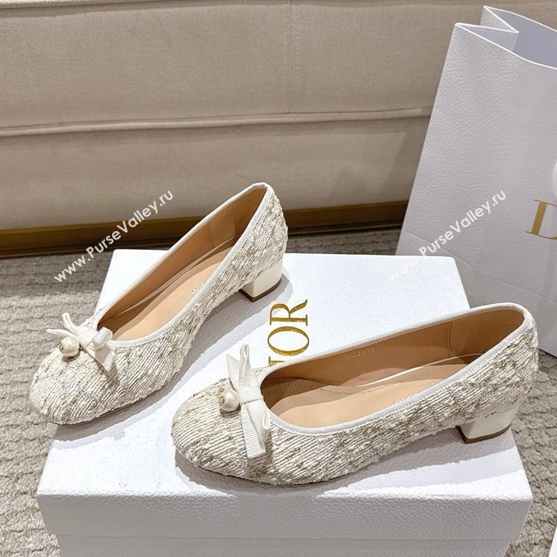 Dior Ballet Pumps 3cm in Quilted Cannage Tweed with Pearl Bow Beige 2025 (MD-250822010)