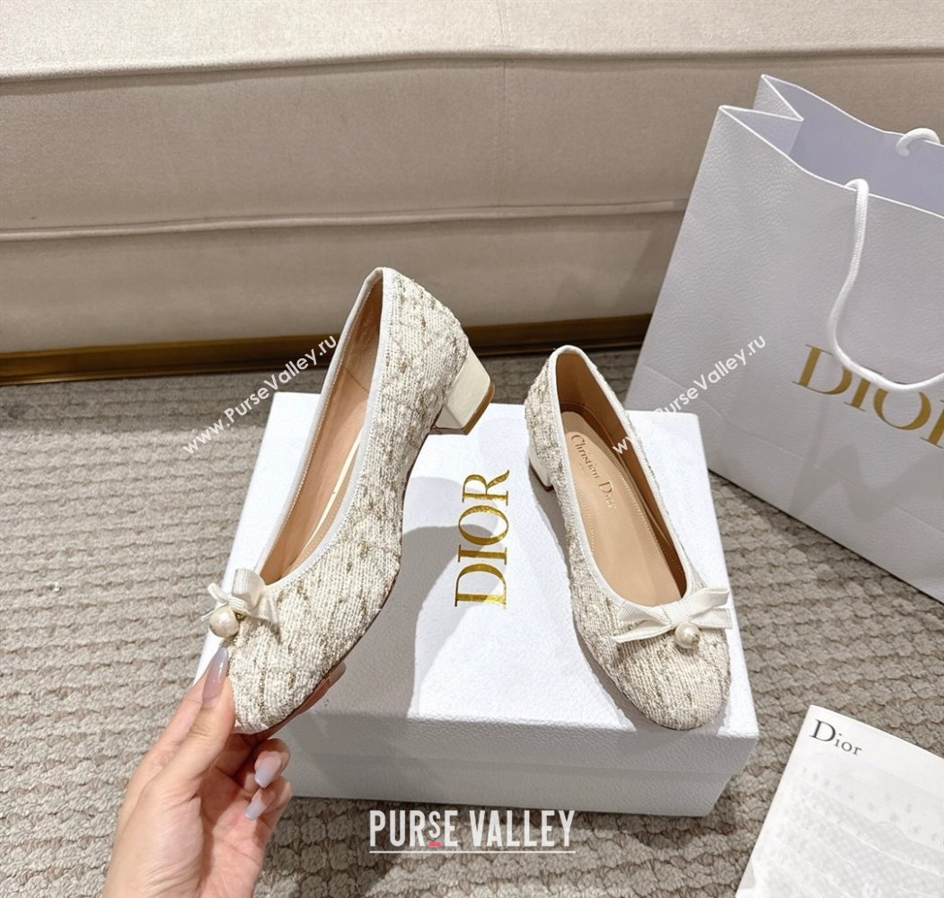 Dior Ballet Pumps 3cm in Quilted Cannage Tweed with Pearl Bow Beige 2025 (MD-250822010)