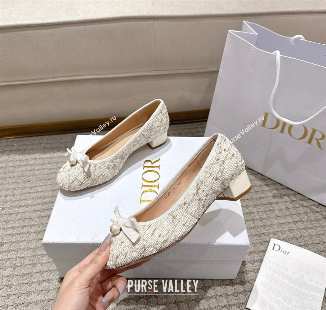 Dior Ballet Pumps 3cm in Quilted Cannage Tweed with Pearl Bow Beige 2025 (MD-250822010)