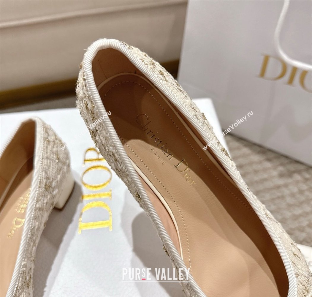 Dior Ballet Pumps 3cm in Quilted Cannage Tweed with Pearl Bow Beige 2025 (MD-250822010)