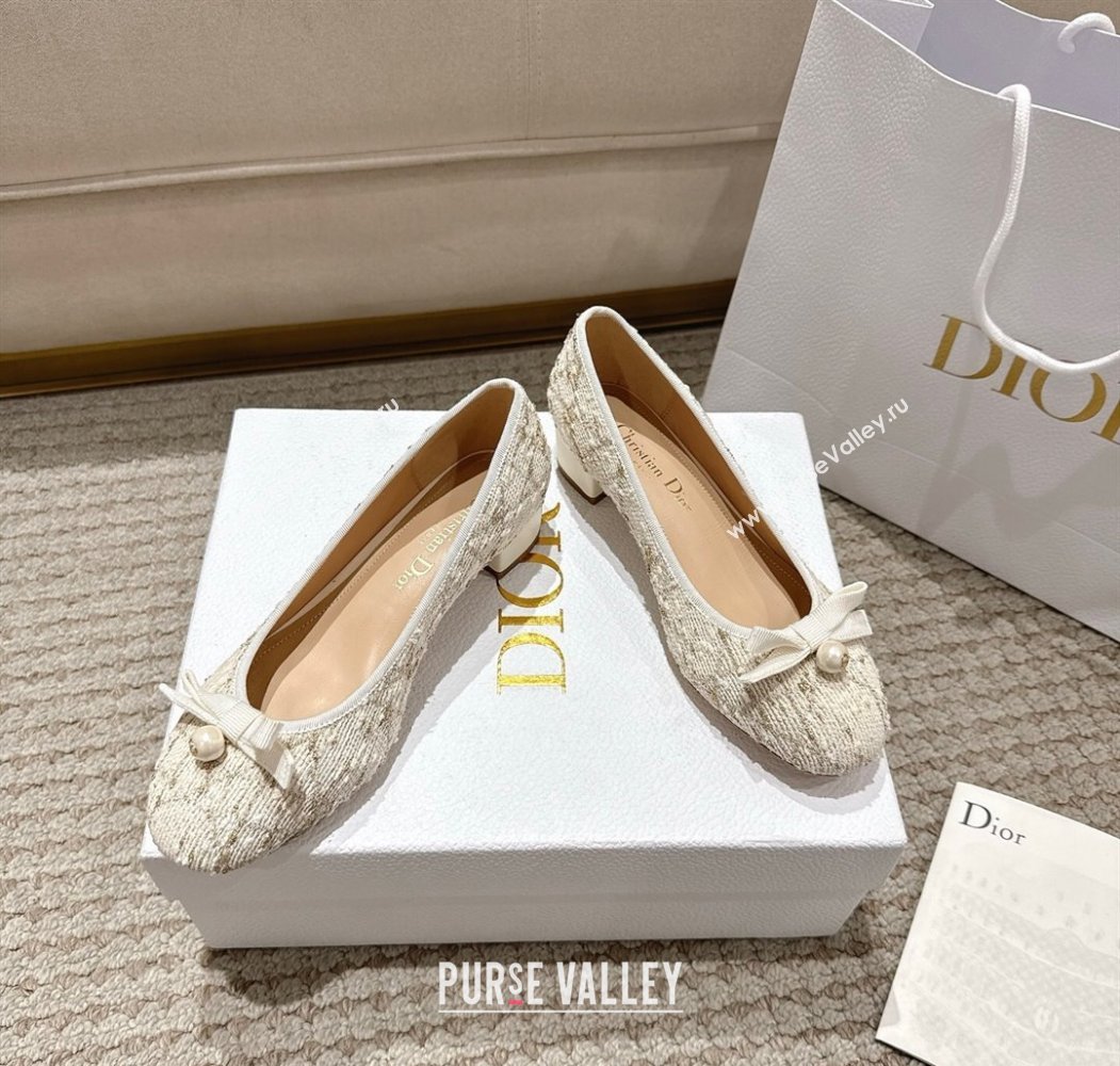 Dior Ballet Pumps 3cm in Quilted Cannage Tweed with Pearl Bow Beige 2025 (MD-250822010)