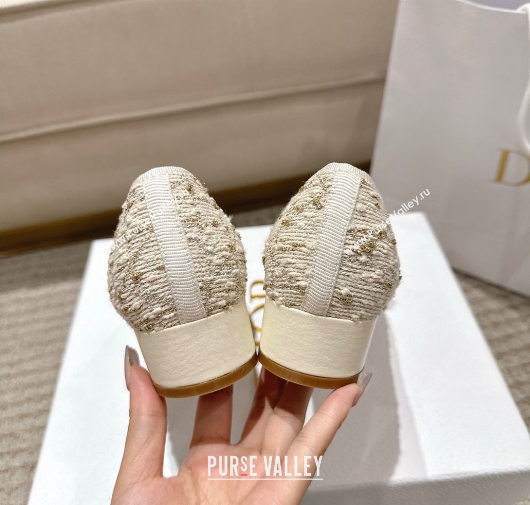 Dior Ballet Pumps 3cm in Quilted Cannage Tweed with Pearl Bow Beige 2025 (MD-250822010)