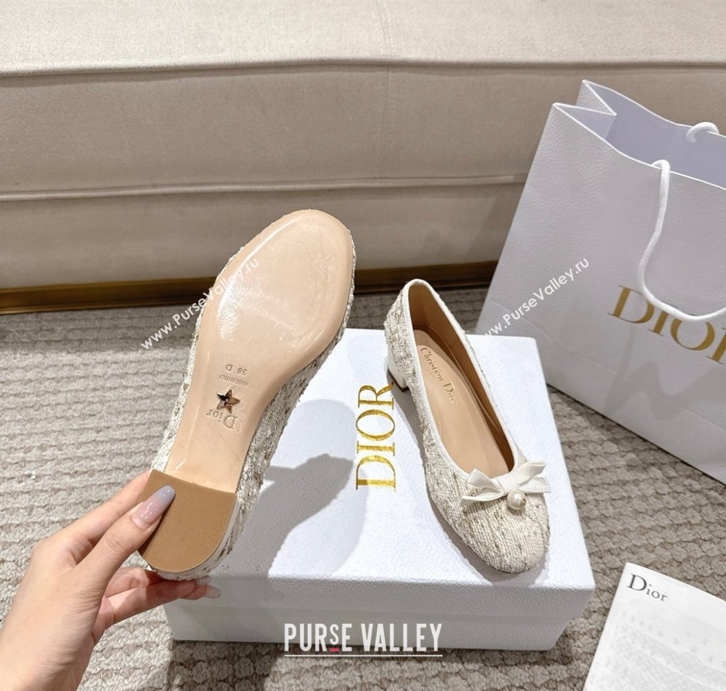 Dior Ballet Pumps 3cm in Quilted Cannage Tweed with Pearl Bow Beige 2025 (MD-250822010)