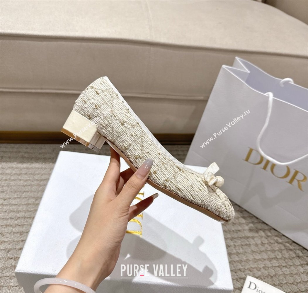 Dior Ballet Pumps 3cm in Quilted Cannage Tweed with Pearl Bow Beige 2025 (MD-250822010)