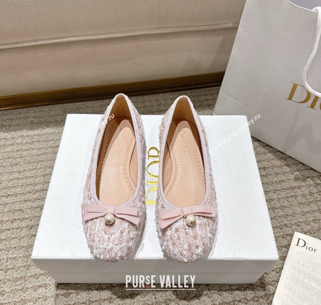 Dior Ballet Flats in Quilted Cannage Tweed with Pearl Bow Pink 2025 (MD-250822011)