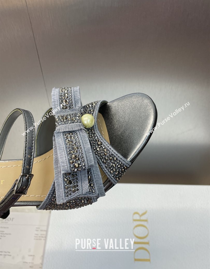 Dior Adiorable Heeled Strap Slides Sandal 7cm in Embroidered Cotton and Lambskin with Strass, Pearls and Bow Grey 2025 (JC-25082