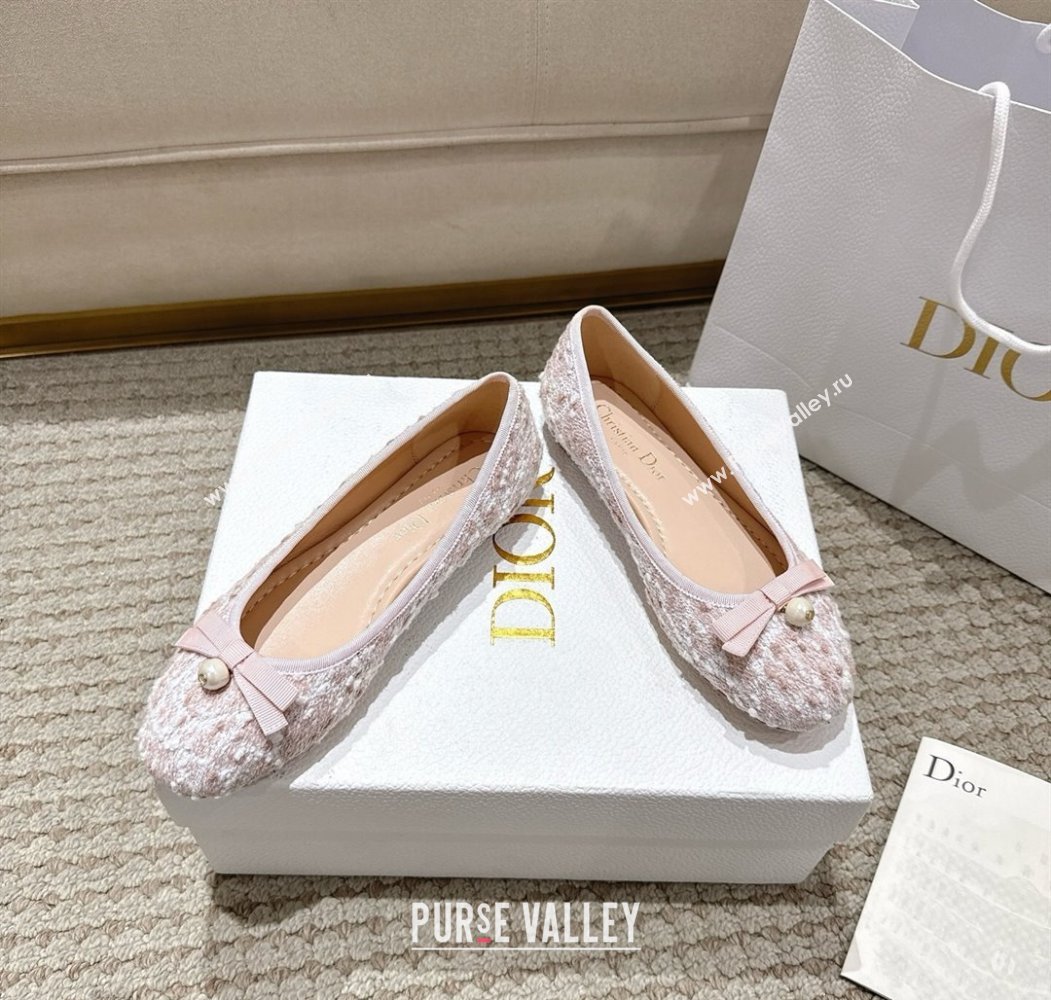 Dior Ballet Flats in Quilted Cannage Tweed with Pearl Bow Pink 2025 (MD-250822011)
